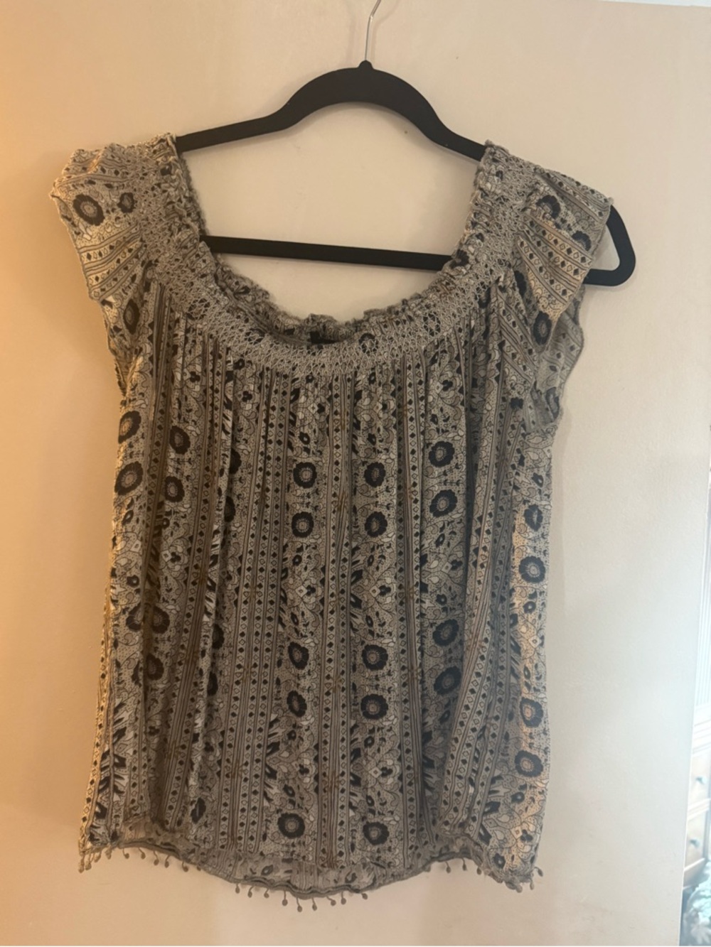 Bohemian Cream and Navy Blue Smocked Neck Women's Top